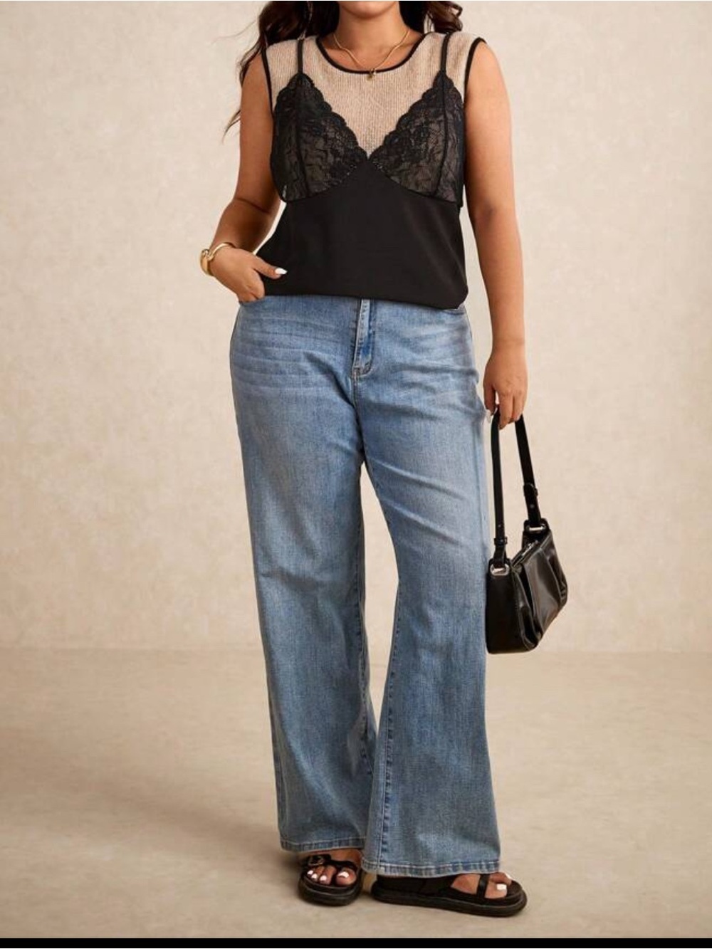 SHEIN Black Sleeveless Lace-Trim Tank